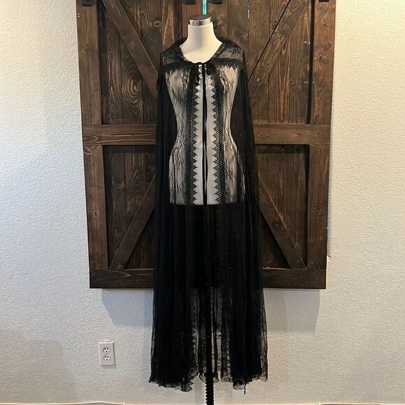 Lace Hooded Cloak Black Long  Cape Full Length Costumes Cosplay Gothic Cover Up - Picture 3 of 7